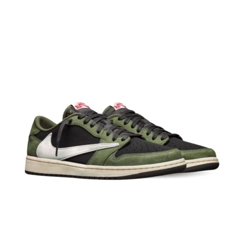 Side angle view of the Travis Scott x Air Jordan 1 Low OG Black Olive