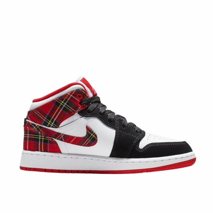 NIKE AIR JORDAN 1 MID GS WHITE PLAID HABANERO RED BLACK WHITE 554725 607 - Image 2