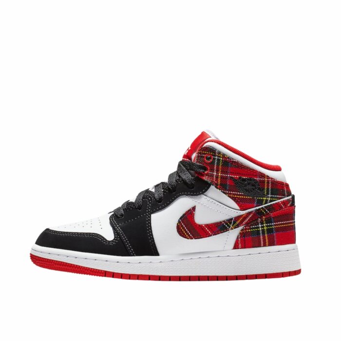 NIKE AIR JORDAN 1 MID GS WHITE PLAID HABANERO RED BLACK WHITE 554725 607 - Image 3