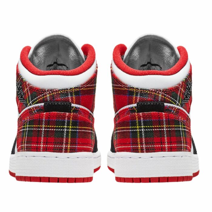 NIKE AIR JORDAN 1 MID GS WHITE PLAID HABANERO RED BLACK WHITE 554725 607 - Image 5