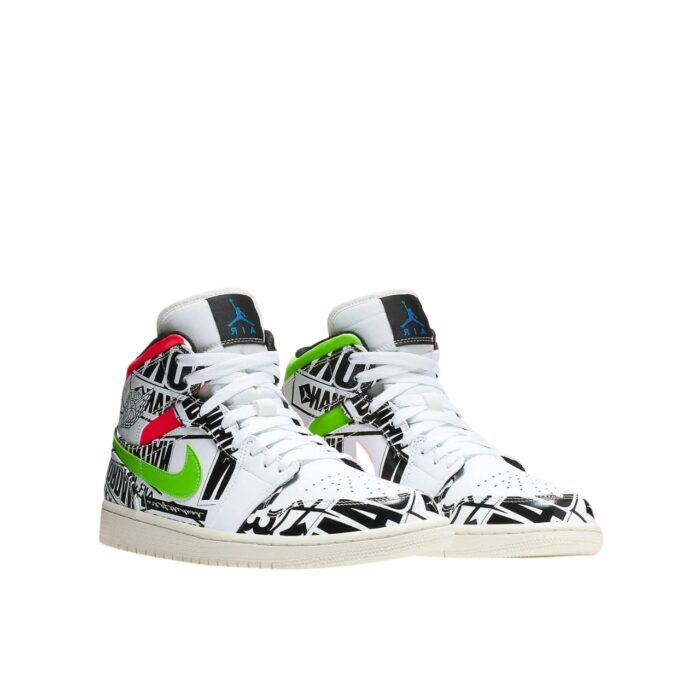 NIKE AIR JORDAN 1 MID ALL OVER LOGOS WHITE RACER BLUE BLACK CYBER INFRARED 554724 119