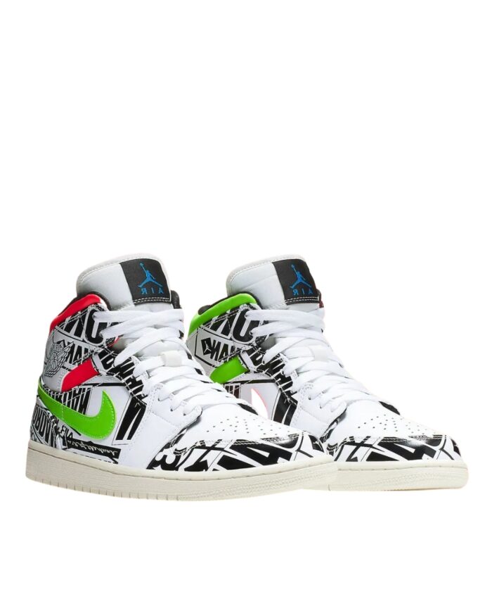 NIKE AIR JORDAN 1 MID ALL OVER LOGOS WHITE RACER BLUE BLACK CYBER INFRARED 554724 119