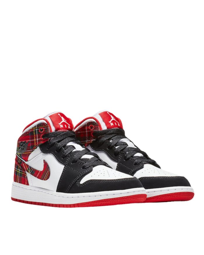 NIKE AIR JORDAN 1 MID GS WHITE PLAID HABANERO RED BLACK WHITE 554725 607
