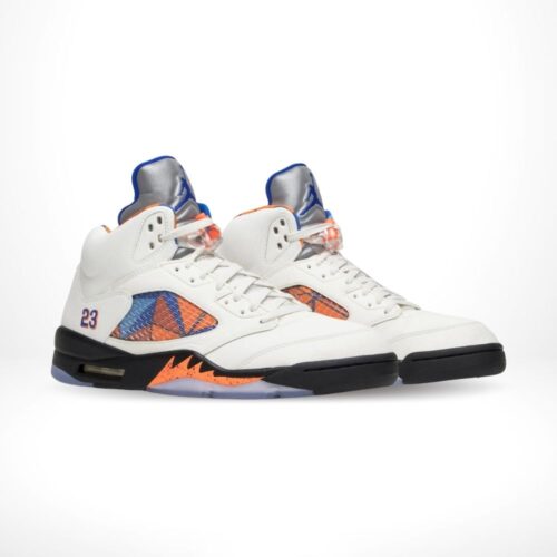 Angled front view of a full pair of Air Jordan 5