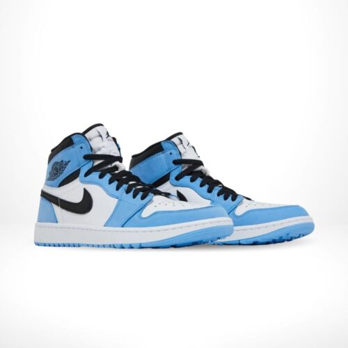 Angled front view of a full pair of Air Jordan 1