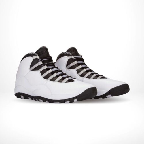 Angled front view of a full pair of Air Jordan 10