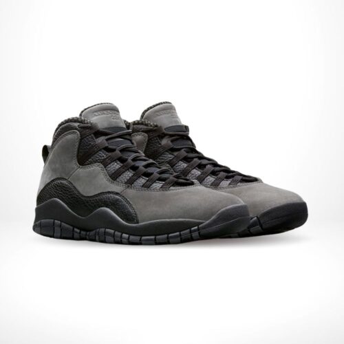 Angled front view of a full pair of Air Jordan 10