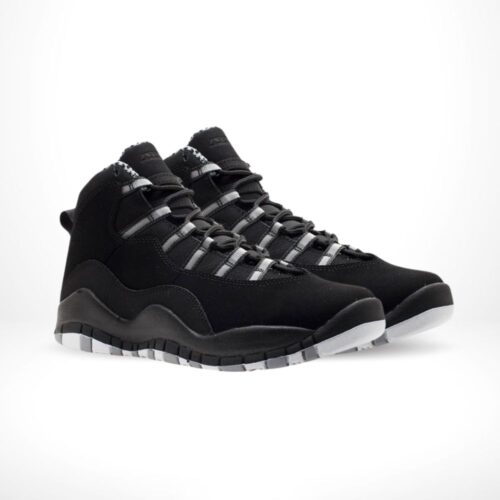 Angled front view of a full pair of Air Jordan 10