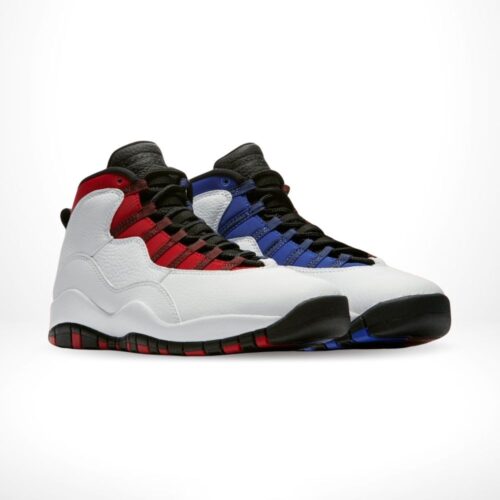 Angled front view of a full pair of Air Jordan 10
