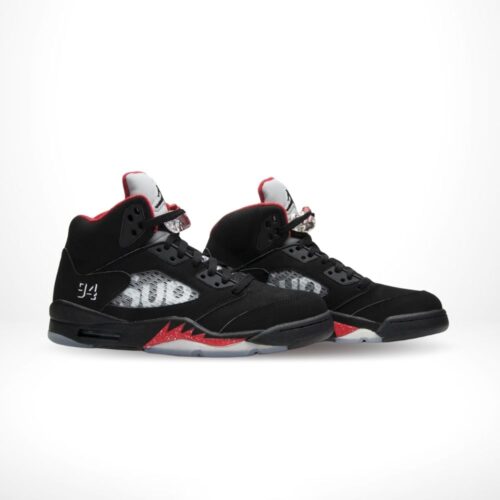 Angled front view of a full pair of Air Jordan 5