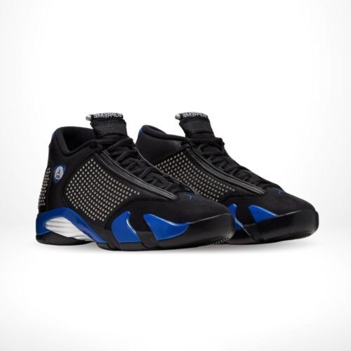 Angled front view of a full pair of Air Jordan 14