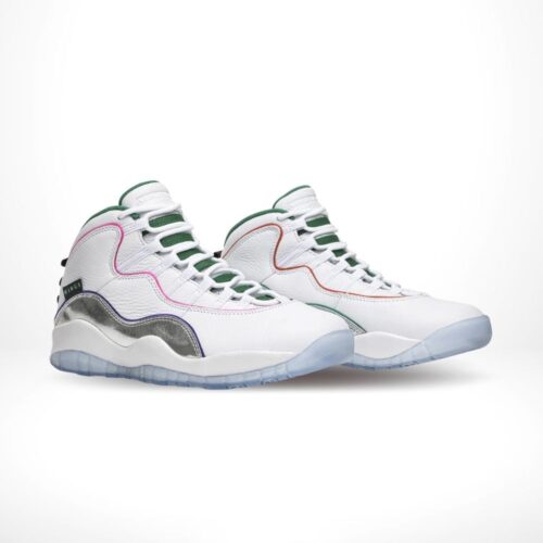 Angled front view of a full pair of Air Jordan 10