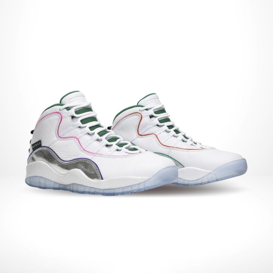 Angled front view of a full pair of Air Jordan 10