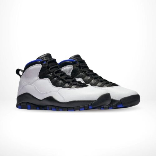 Angled front view of a full pair of Air Jordan 10