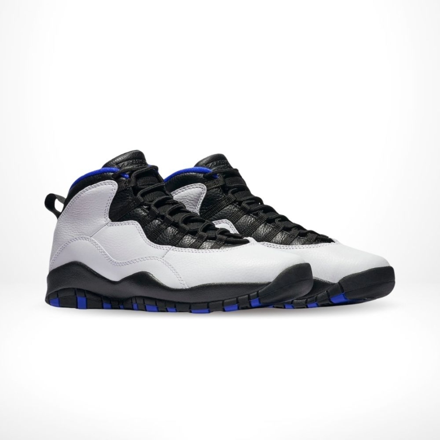 Angled front view of a full pair of Air Jordan 10