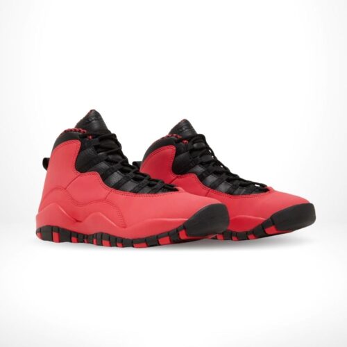 Angled front view of a full pair of Air Jordan 10
