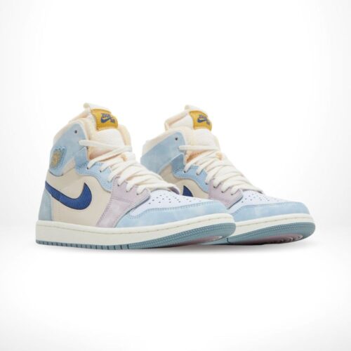 Angled front view of a full pair of Air Jordan 1