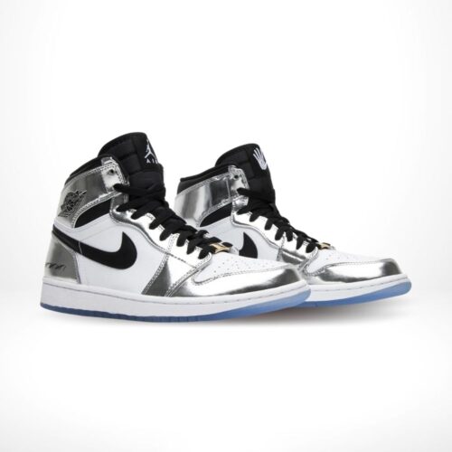 Angled front view of a full pair of Air Jordan 1