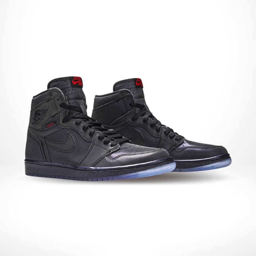 Angled front view of a full pair of Air Jordan 1
