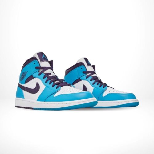 Angled front view of a full pair of Air Jordan 1