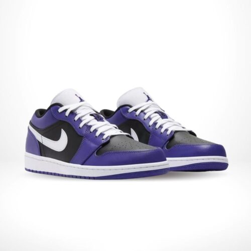 Angled front view of a full pair of Air Jordan 1
