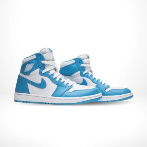 Angled front view of a full pair of Air Jordan 1