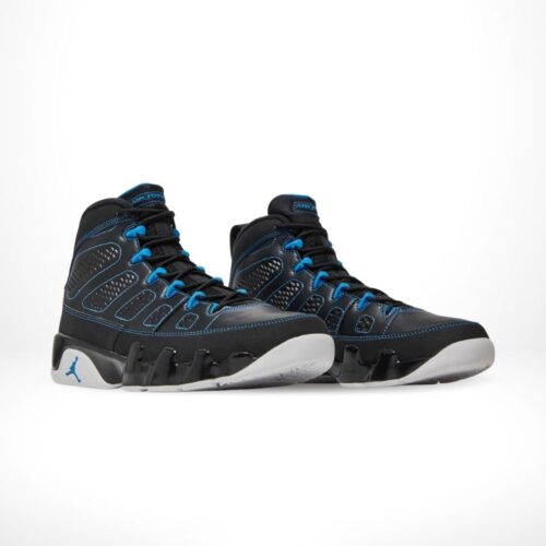 Angled front view of a full pair of Air Jordan 9