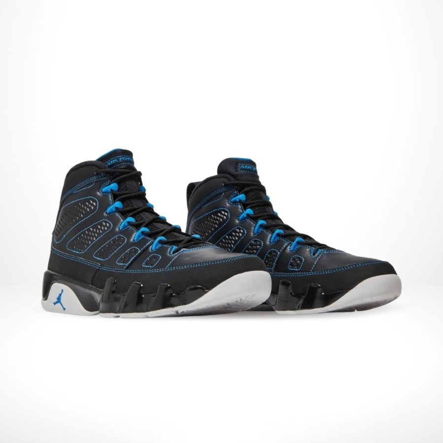 Angled front view of a full pair of Air Jordan 9