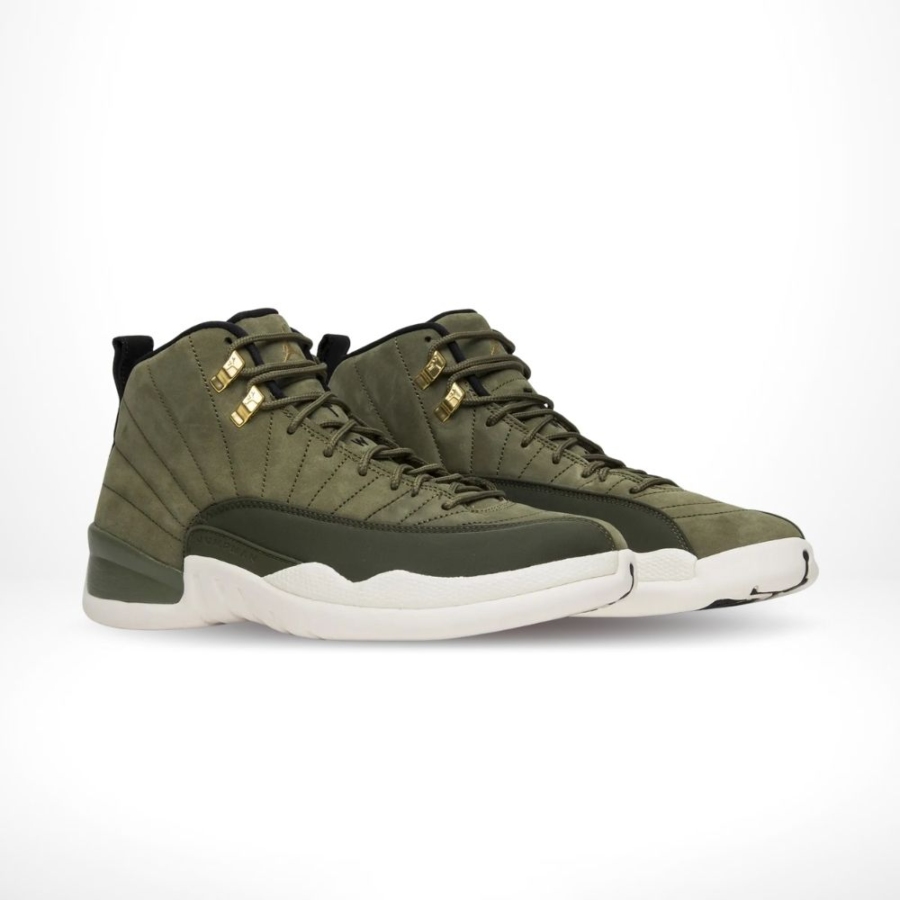 Angled front view of a full pair of Air Jordan 12