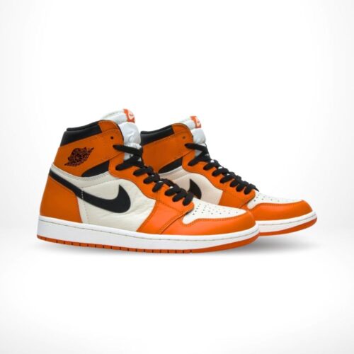 Angled front view of a full pair of Air Jordan 1