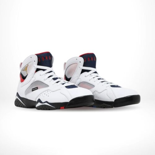 Angled front view of a full pair of Air Jordan 7