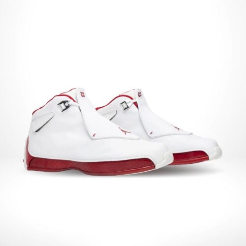Angled front view of a full pair of Air Jordan 18
