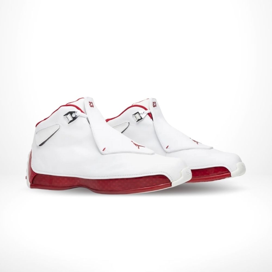 Angled front view of a full pair of Air Jordan 18