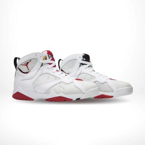 Angled front view of a full pair of Air Jordan 7