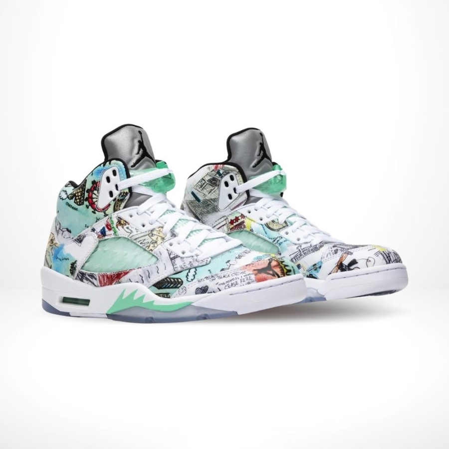 Angled front view of a full pair of Air Jordan 5