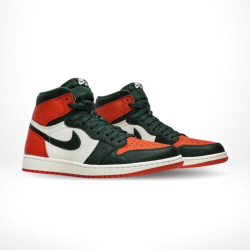 Angled front view of a full pair of Air Jordan 1