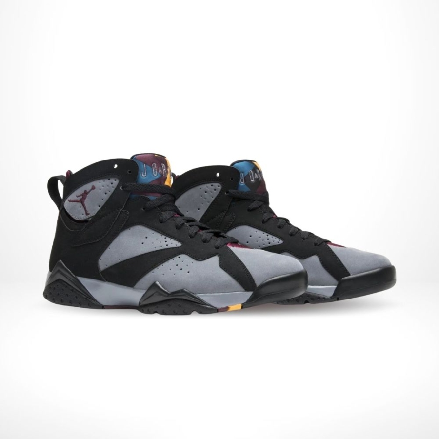 Angled front view of a full pair of Air Jordan 7