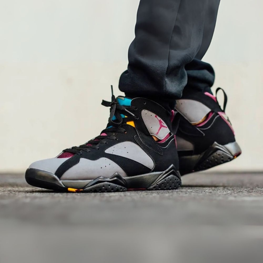 Angled front view of a full pair of Air Jordan 7