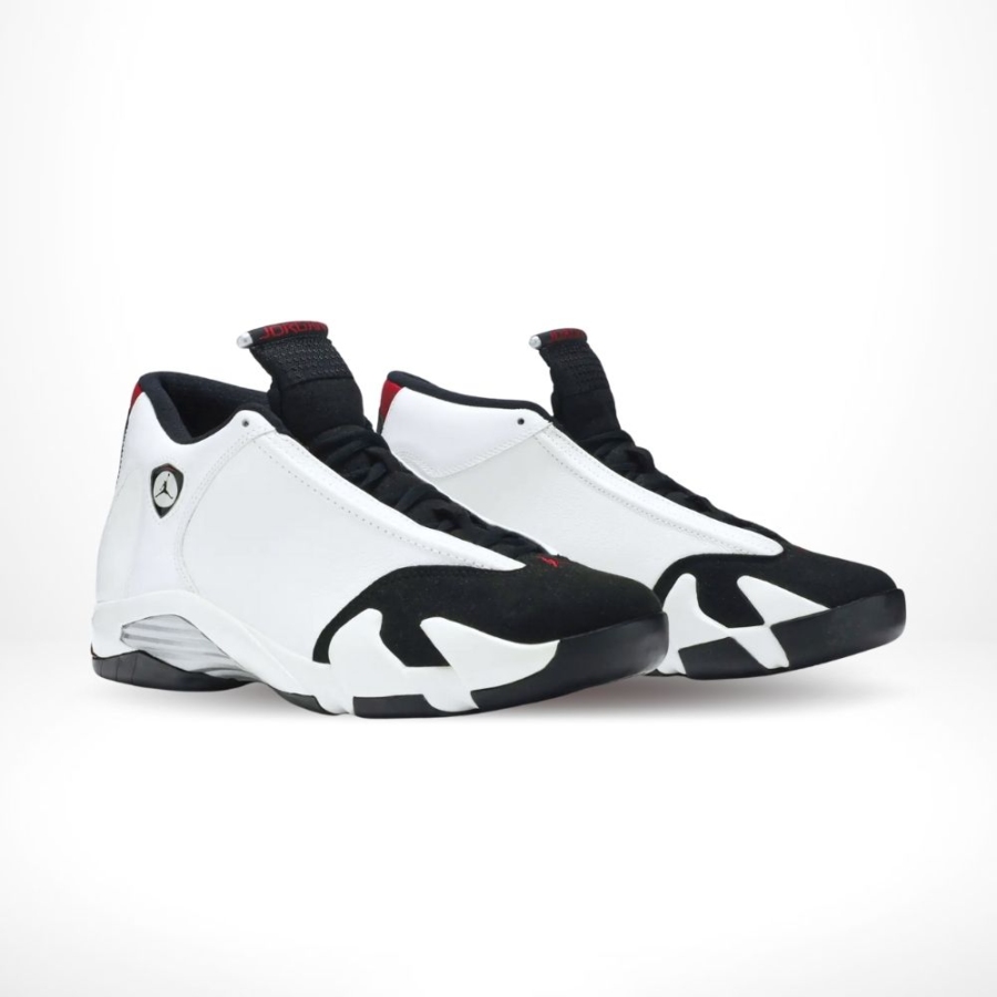 Angled front view of a full pair of Air Jordan 14