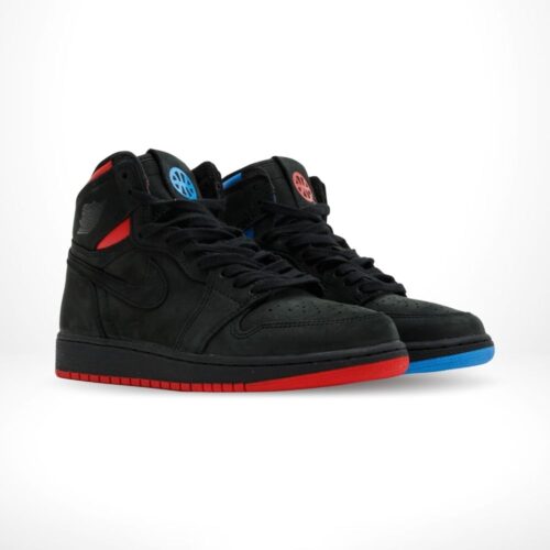 Angled front view of a full pair of Air Jordan 1