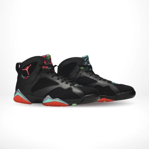 Angled front view of a full pair of Air Jordan 7