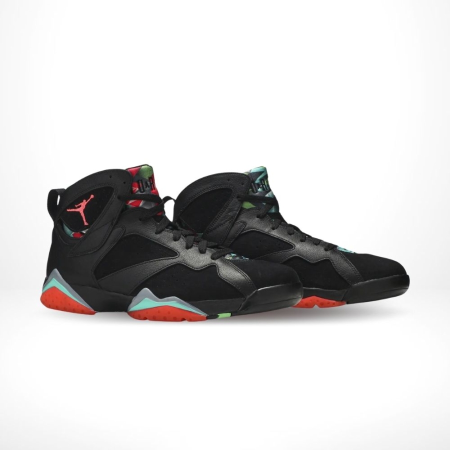 Angled front view of a full pair of Air Jordan 7