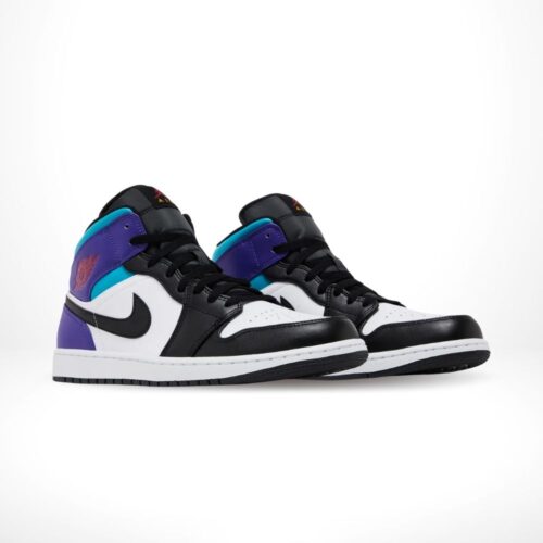 Angled front view of a full pair of Air Jordan 1