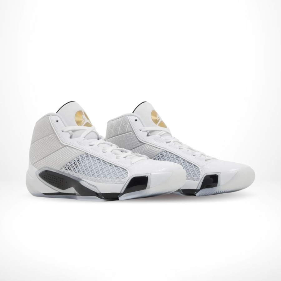 Angled front view of a full pair of Air Jordan 38