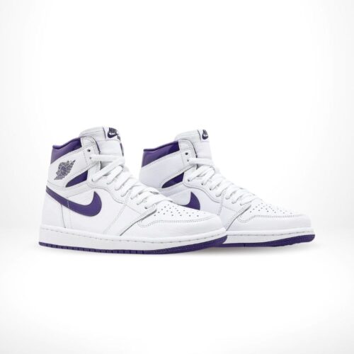 Angled front view of a full pair of Air Jordan 1