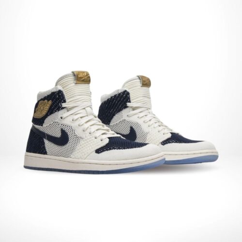 Angled front view of a full pair of Air Jordan 1