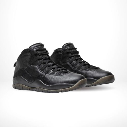 Angled front view of a full pair of Air Jordan 10
