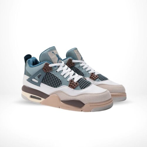 Angled front view of a full pair of Air Jordan 4