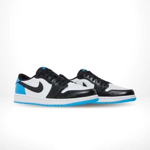 Angled front view of a full pair of Air Jordan 1