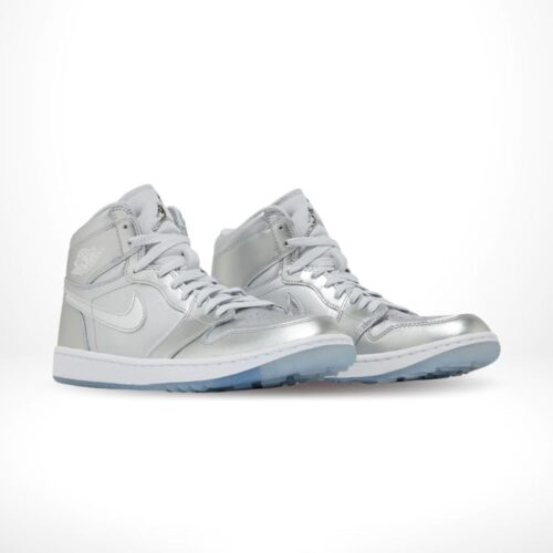 Angled front view of a full pair of Air Jordan 1